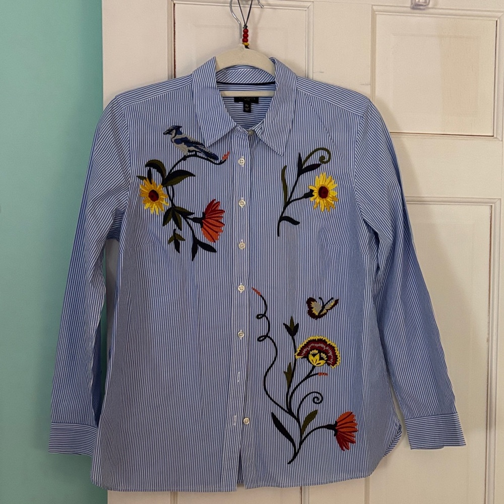 Talbots Light Blue and White Pinstriped Blouse with Sunflowers